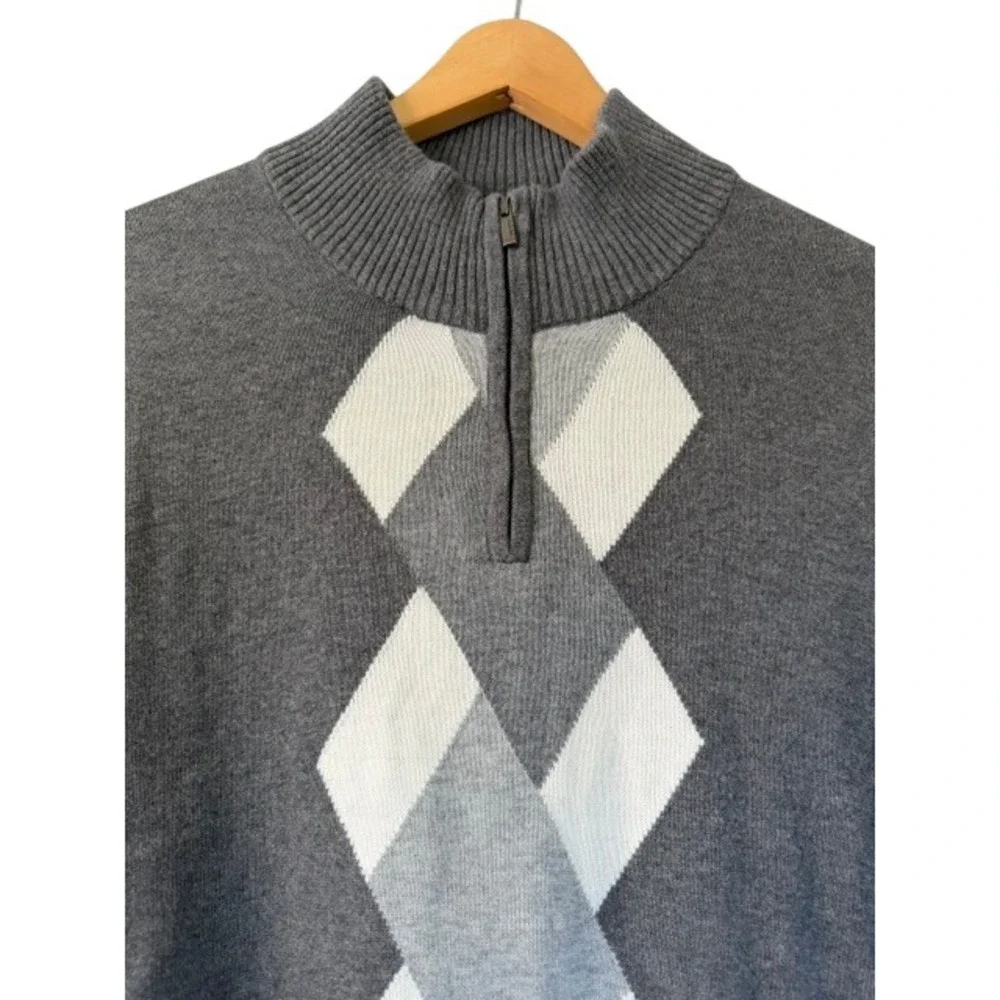 Alfani Mens XL Grey Argyle 1/4 Zip Cotton Mock Neck Sweater Geometric Knit